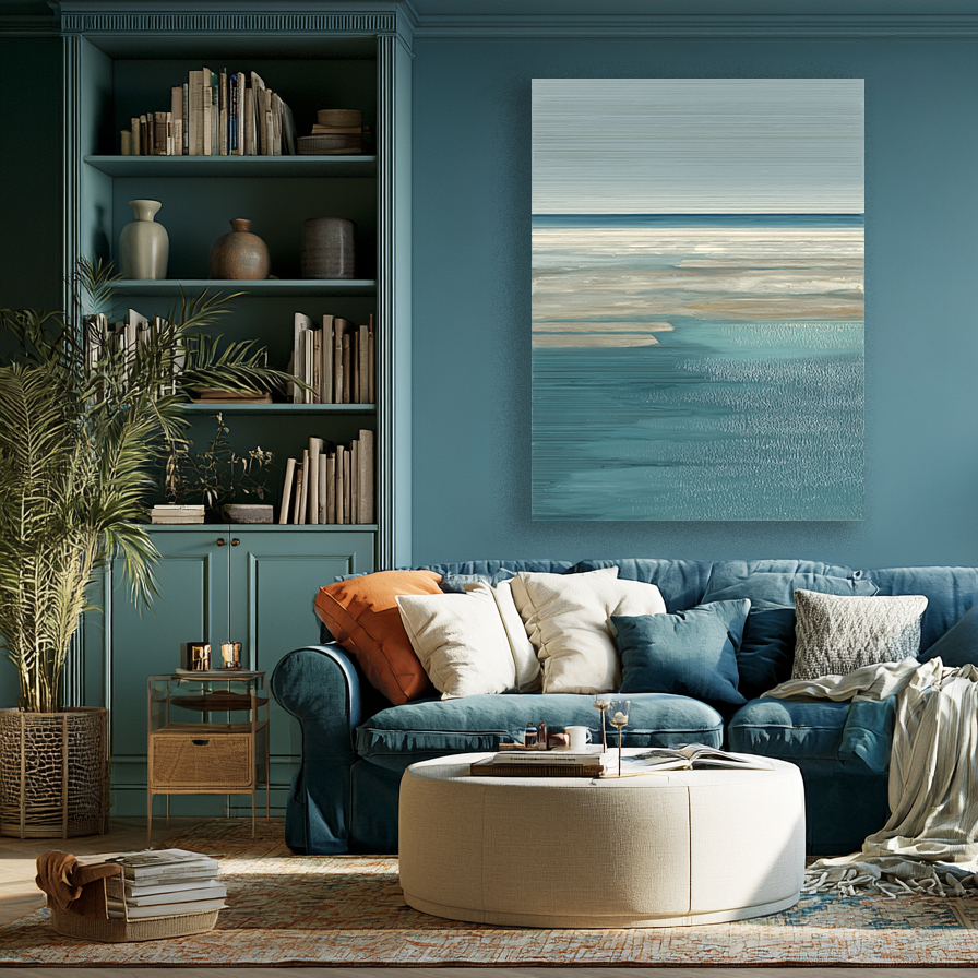 Coastal Drift I library mockup – seascape print displayed in a styled library setting