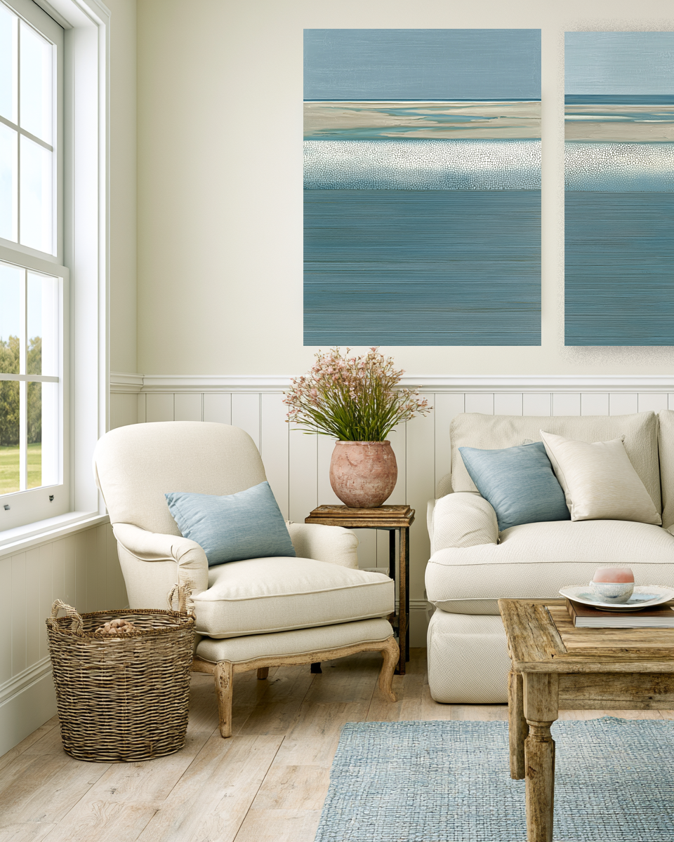 Coastal Drift III lifestyle mockup – framed coastal print in a styled interior