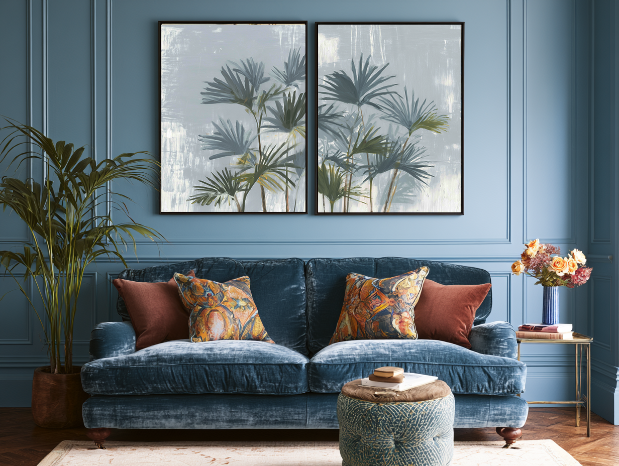 Coastal Breeze II and Drift set mockup – coastal fine art prints in a styled interior