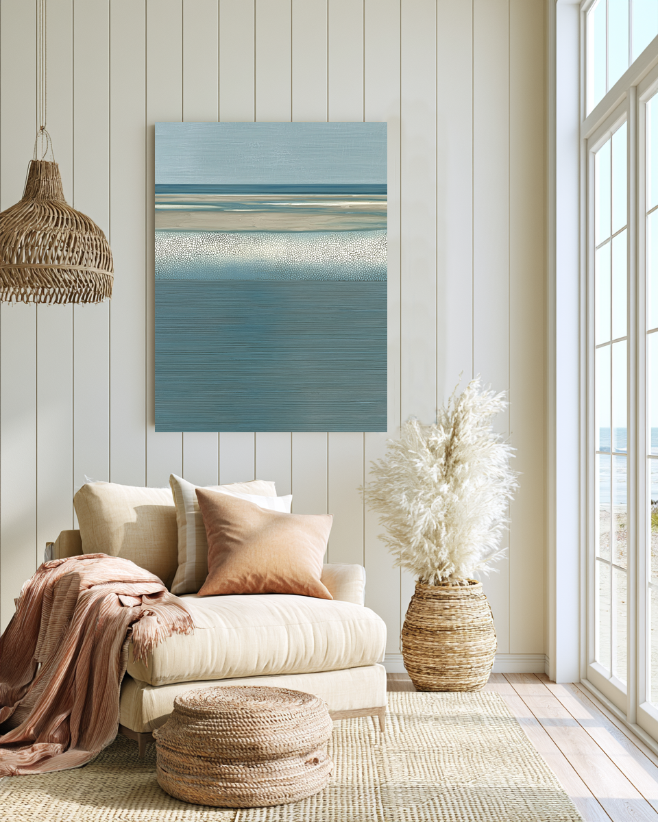 Coastal Drift II lifestyle mockup – framed seascape print in a styled coastal room