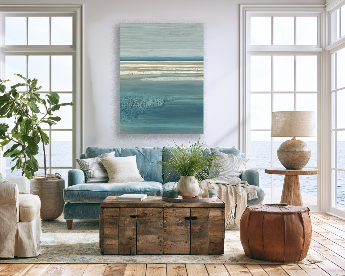 Coastal Drift IV single mockup – framed seascape print in a styled coastal interior