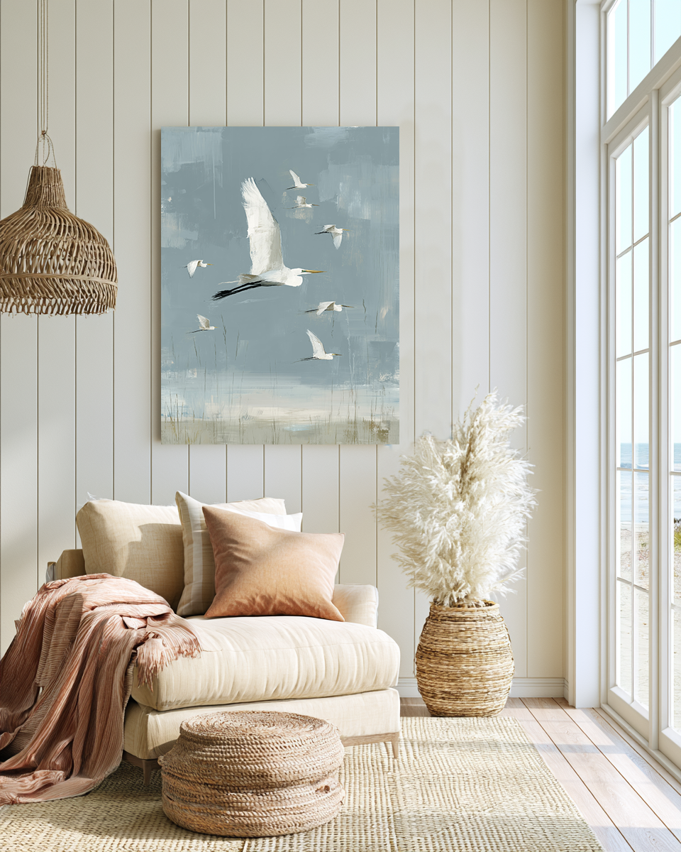 Estuary Light III lifestyle mockup – framed coastal print in a styled interior