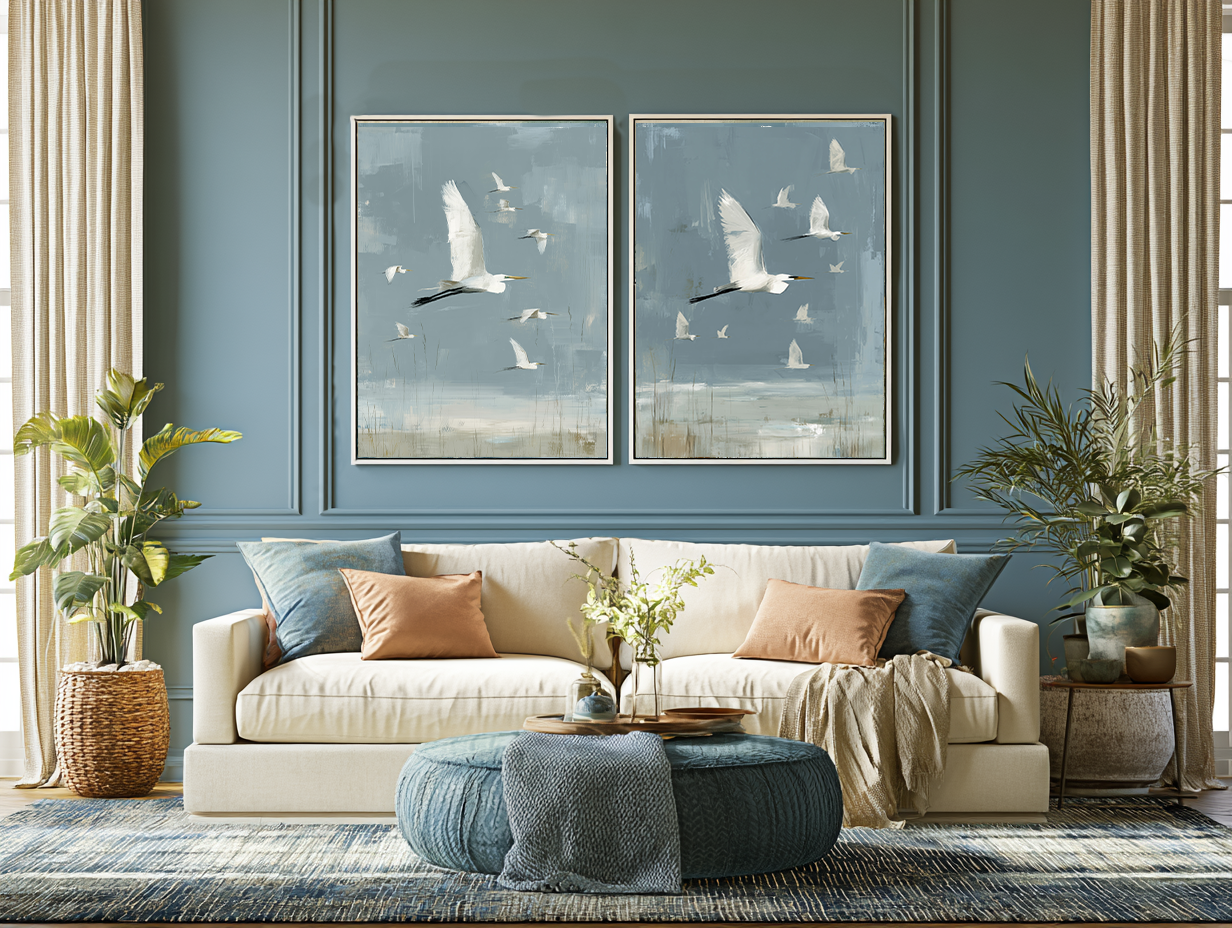 Estuary Light III and IV lifestyle mockup – pair of coastal prints in a styled room
