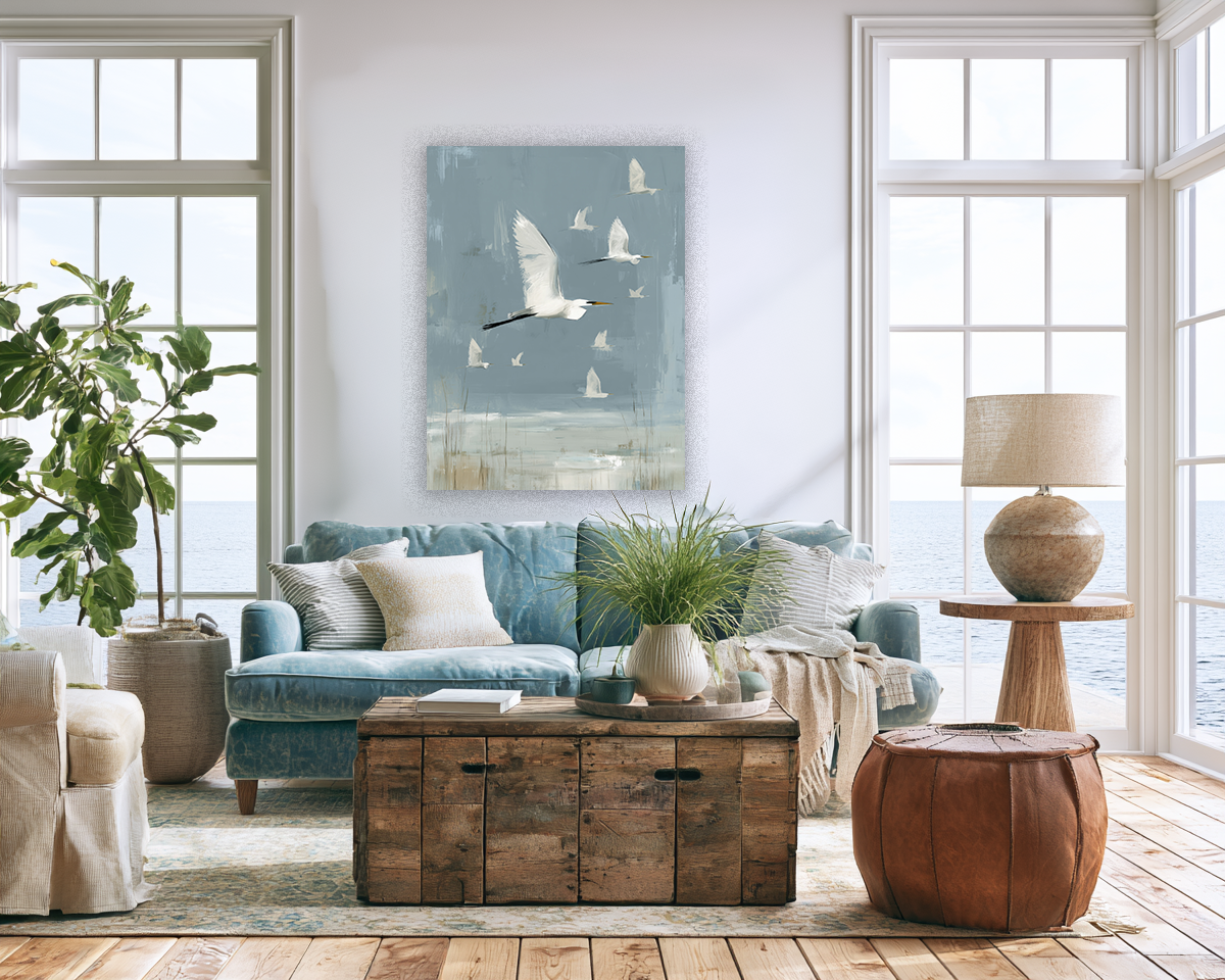 Estuary Light IV lifestyle mockup – framed coastal landscape print in a styled living room