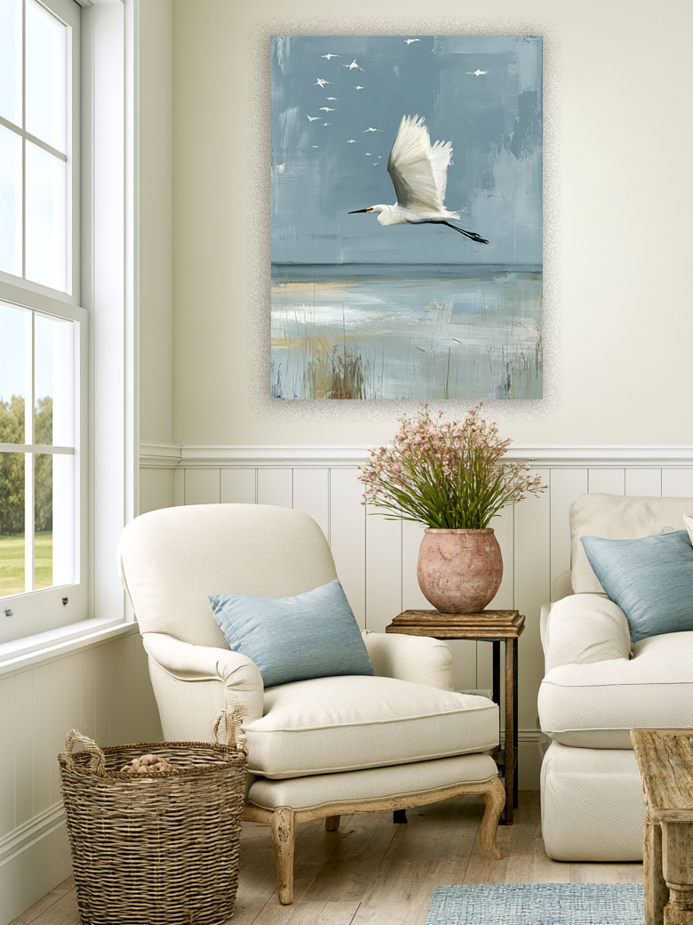 Estuary Light I lifestyle mockup – framed coastal landscape print in a styled living room