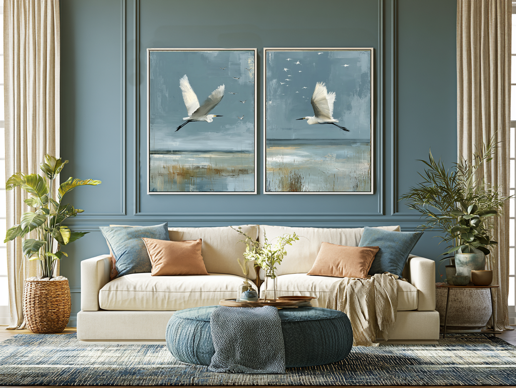 Estuary Light I and II set mockup – pair of estuary prints displayed in a styled interior