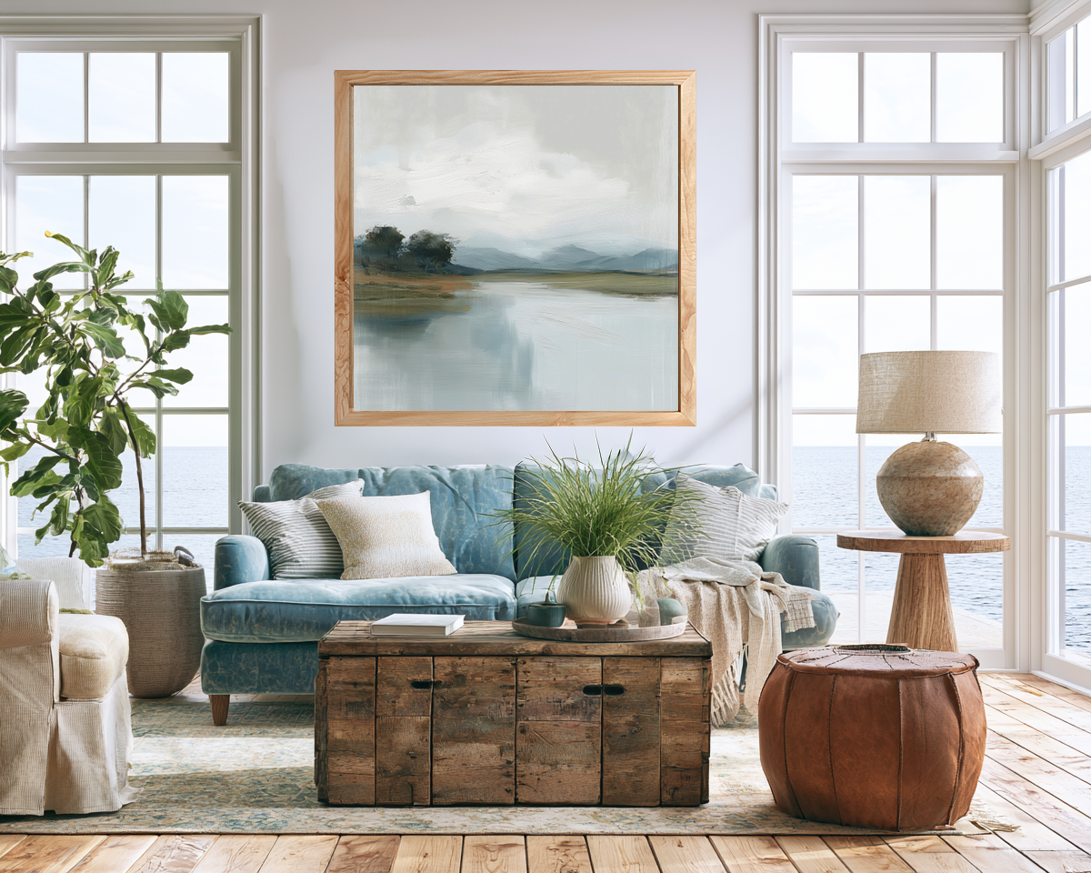 Grey Sky I lifestyle mockup – framed square coastal print in a styled interior