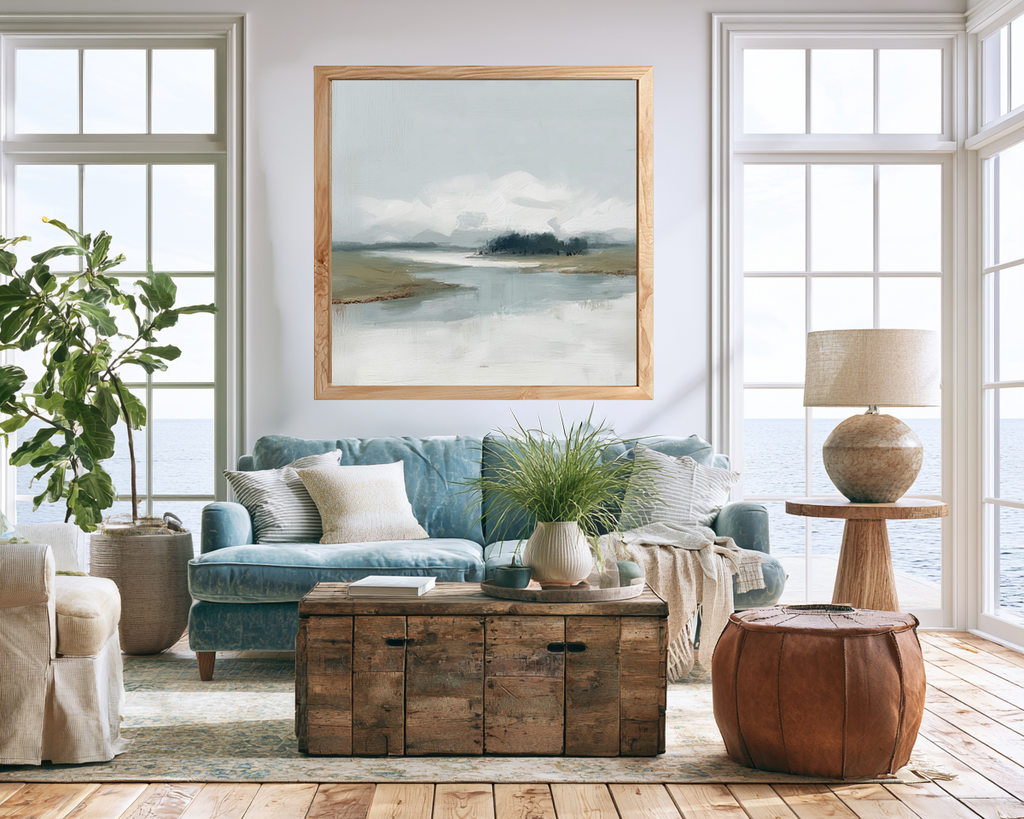Grey Sky II lifestyle mockup – framed square coastal print in a styled interior