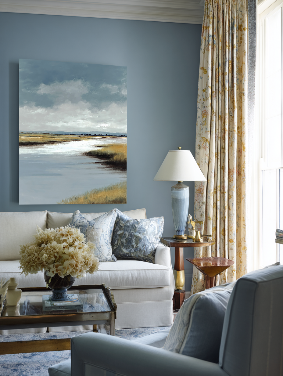 Marsh Horizon couch mockup – framed marsh landscape print displayed above a sofa