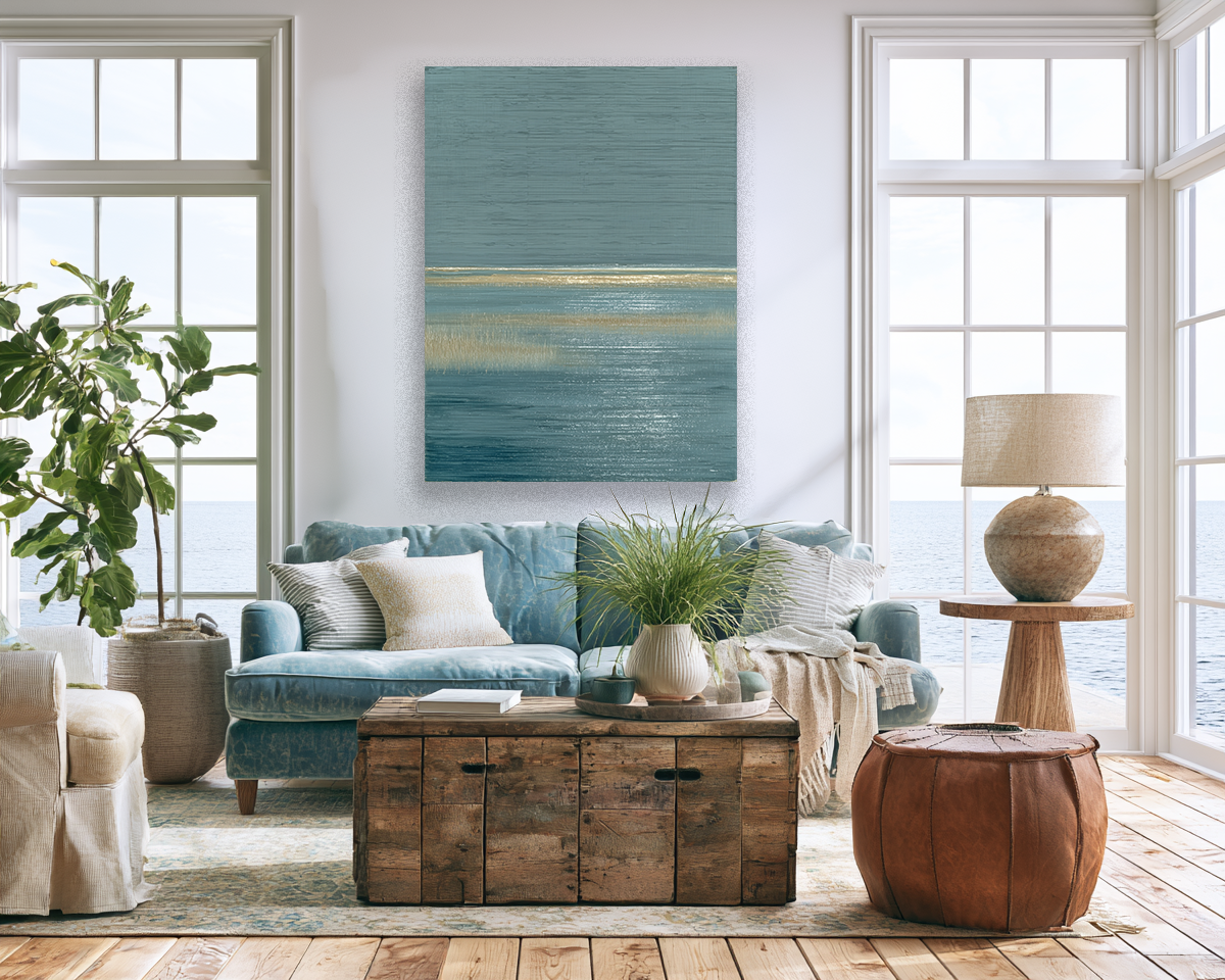 Marsh Drift II lifestyle mockup – framed marsh print in a styled coastal interior