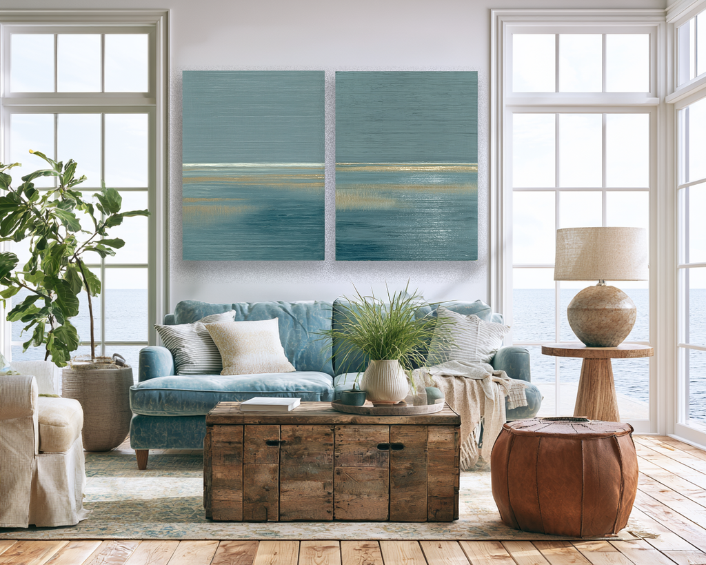 Marsh Drift I and II set mockup – pair of coastal marsh prints displayed together