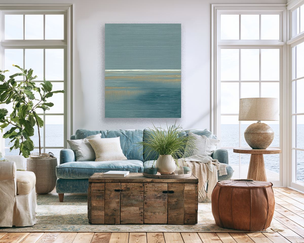 Marsh Drift I lifestyle mockup – framed coastal marsh print in a styled interior