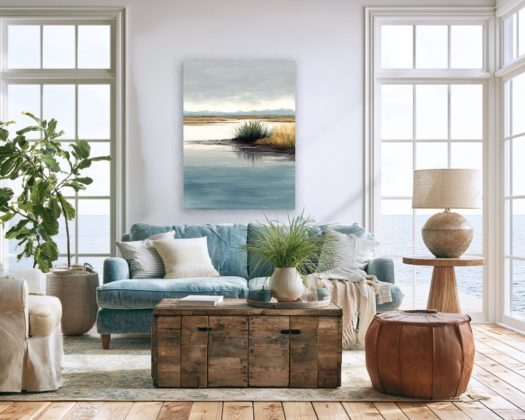 Tidewater Path II lifestyle mockup – framed coastal print in a styled interior