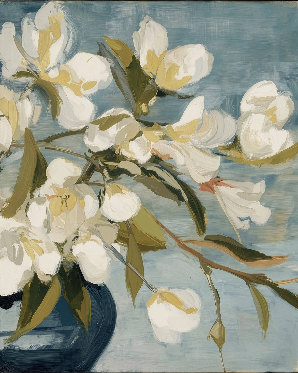 Salt Washed Bloom II – soft indigo floral fine art print by Paula Freeman, 32x40 inch canvas