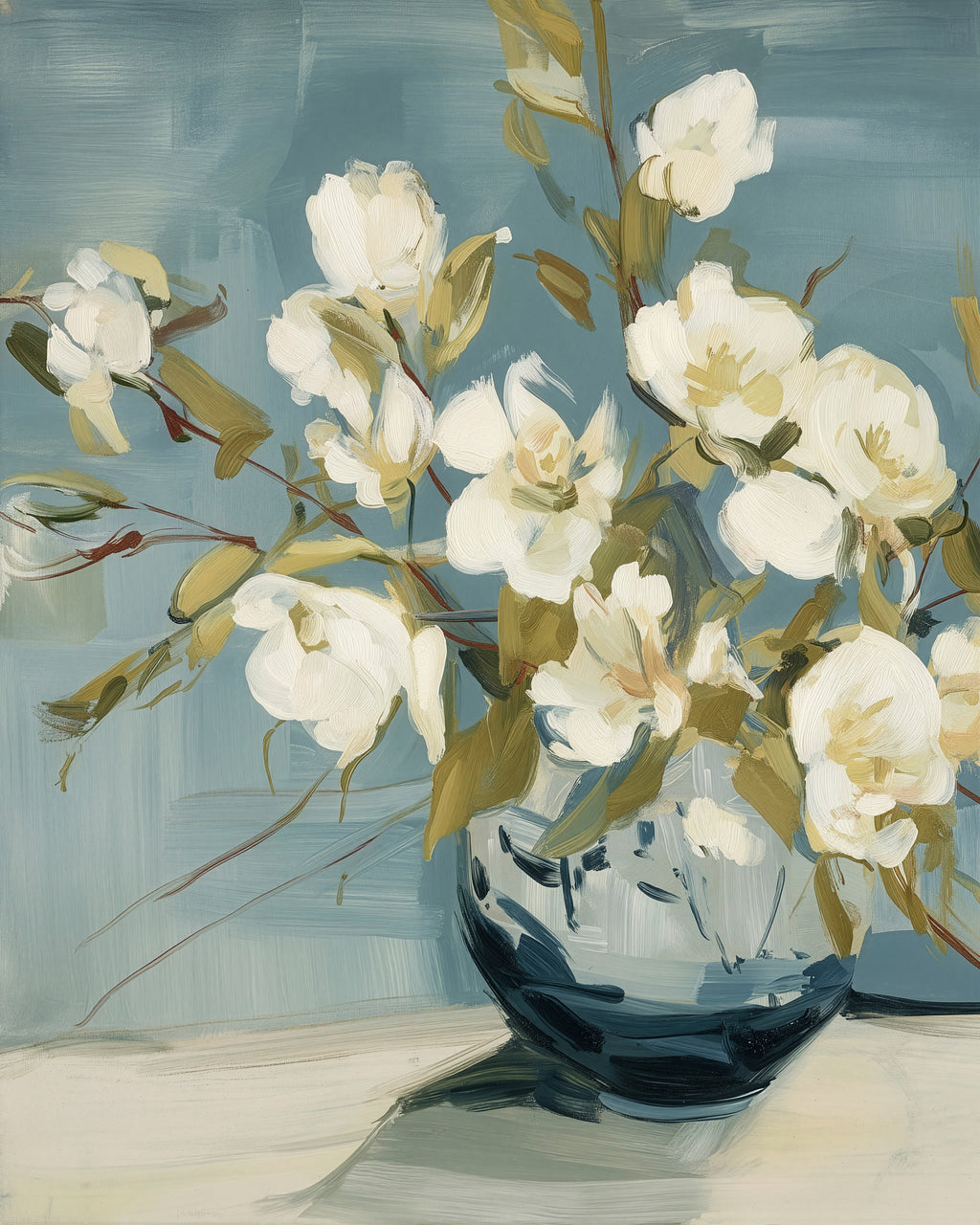 Salt Washed Bloom I – delicate indigo floral fine art print by Paula Freeman, 32x40 inch canvas