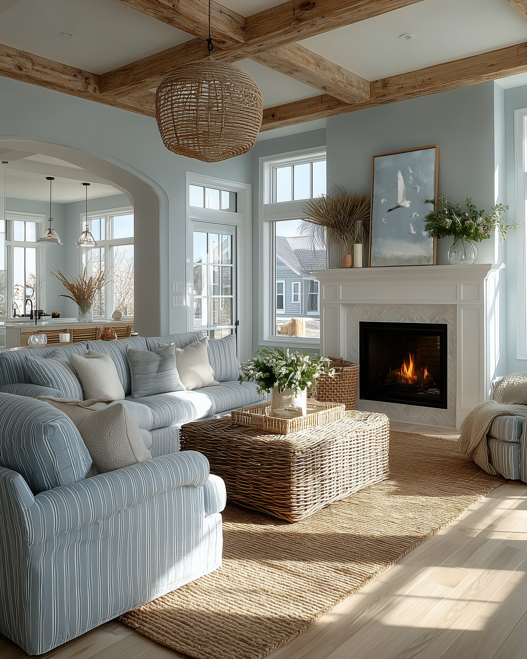Salt & Silence collection with bird overlay – coastal landscape print in an atmospheric styled room