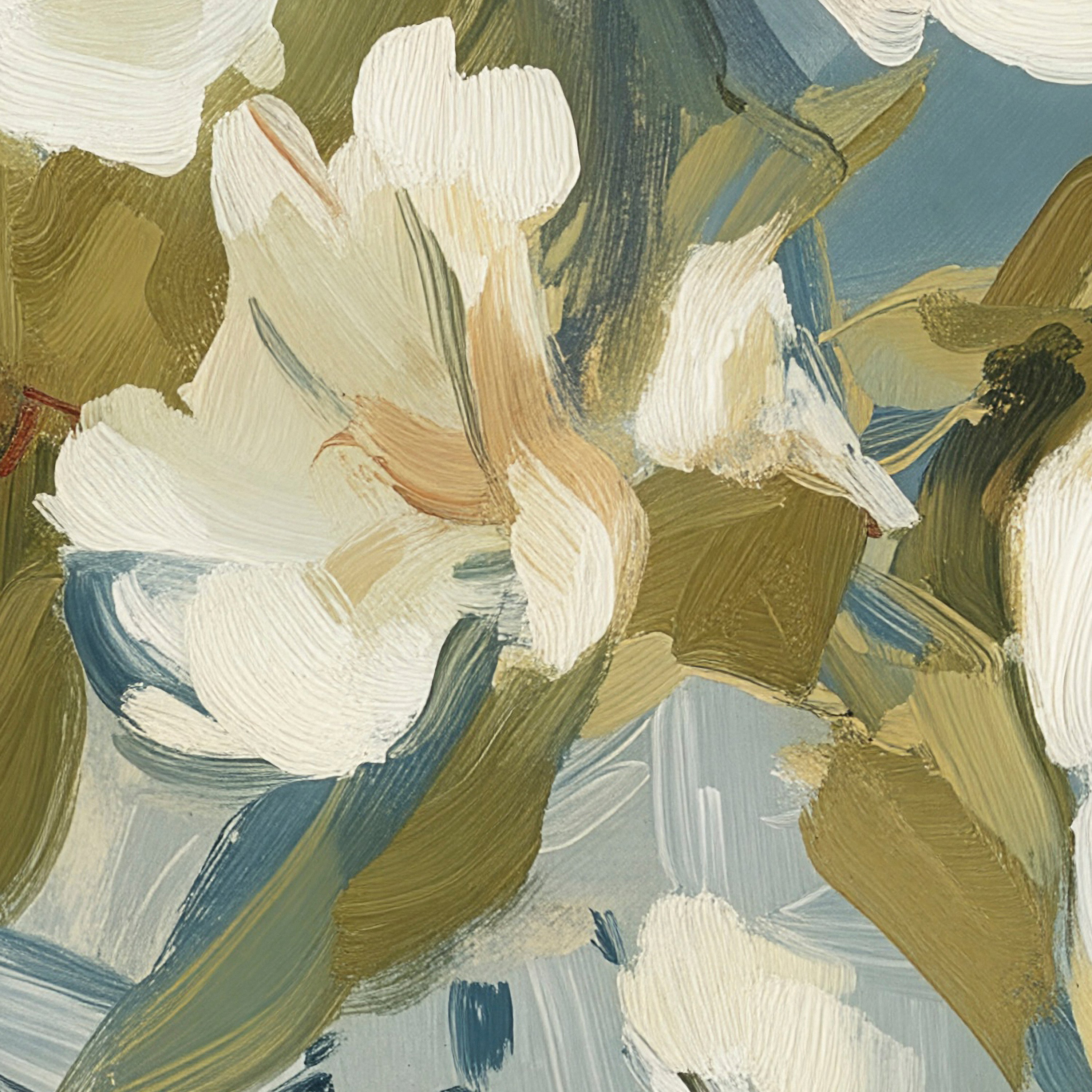 Salt Washed Bloom I detail – close-up of salt-washed indigo blooms and painterly brushwork
