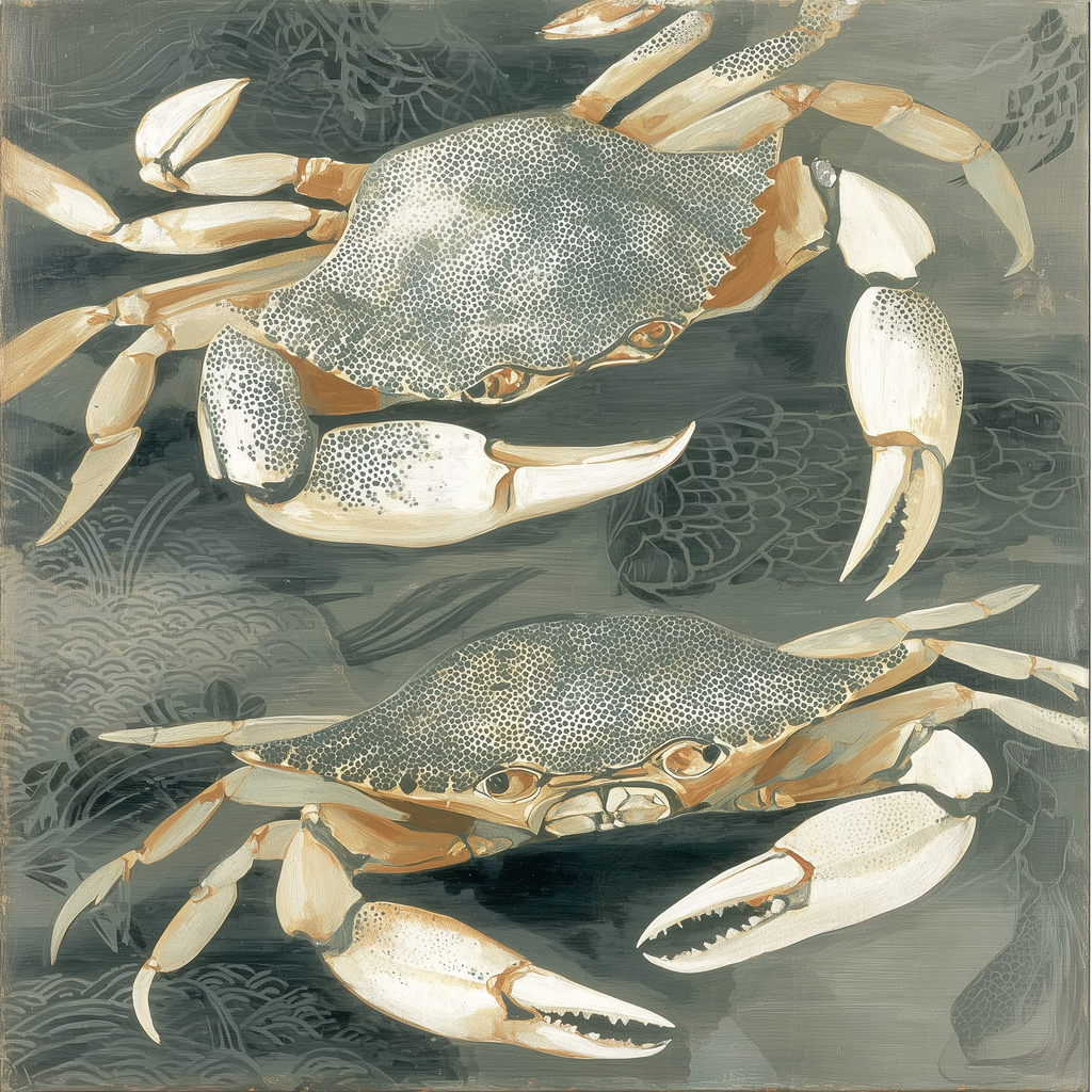 Two crabs on a textured gray background with subtle patterns