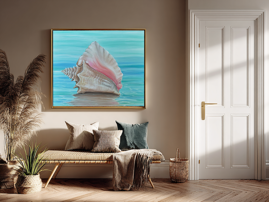 Washed Ashore seafoam relic mockup – coastal shell print in a styled interior
