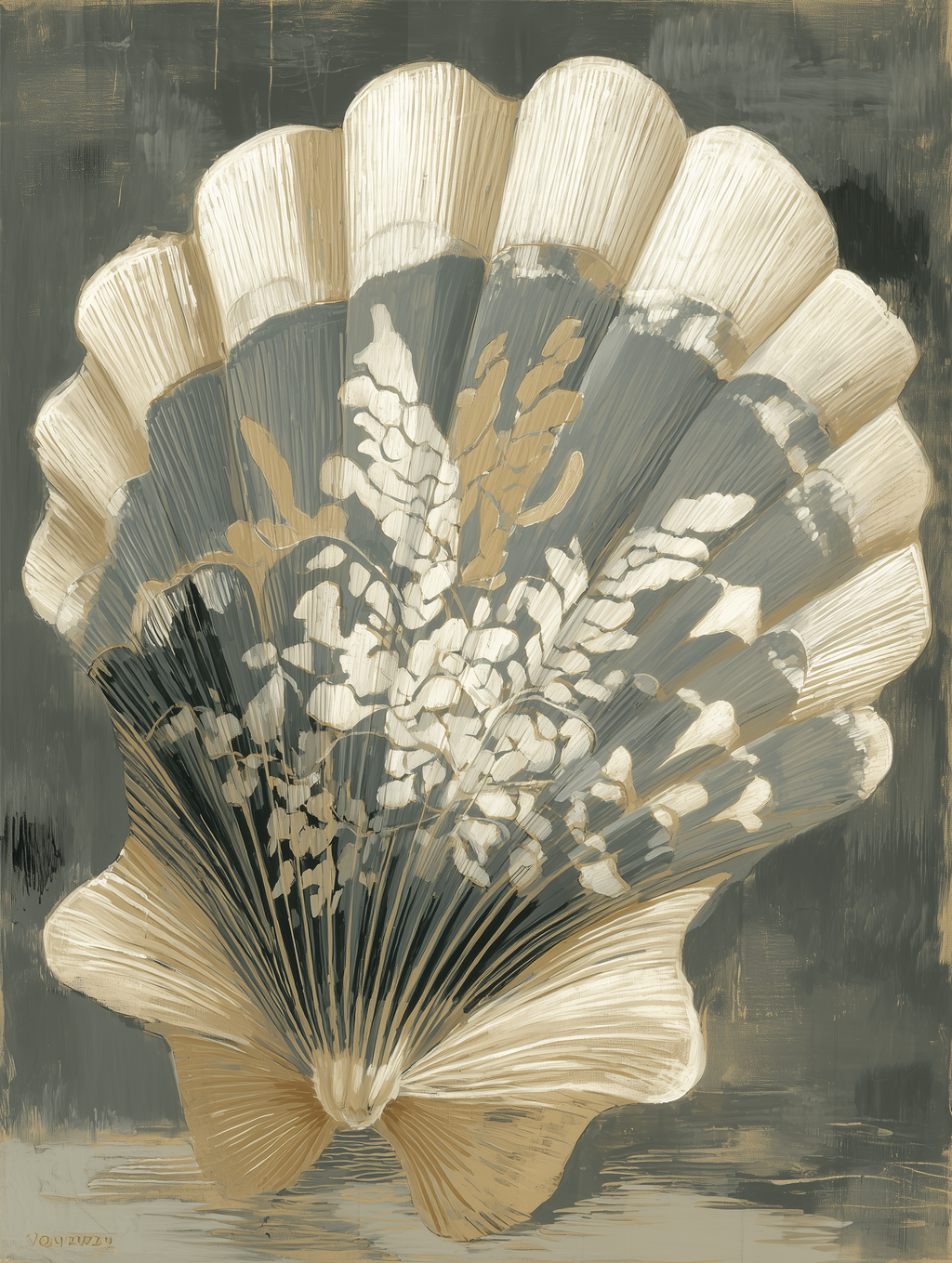 Decorative hand fan with floral patterns on a dark background