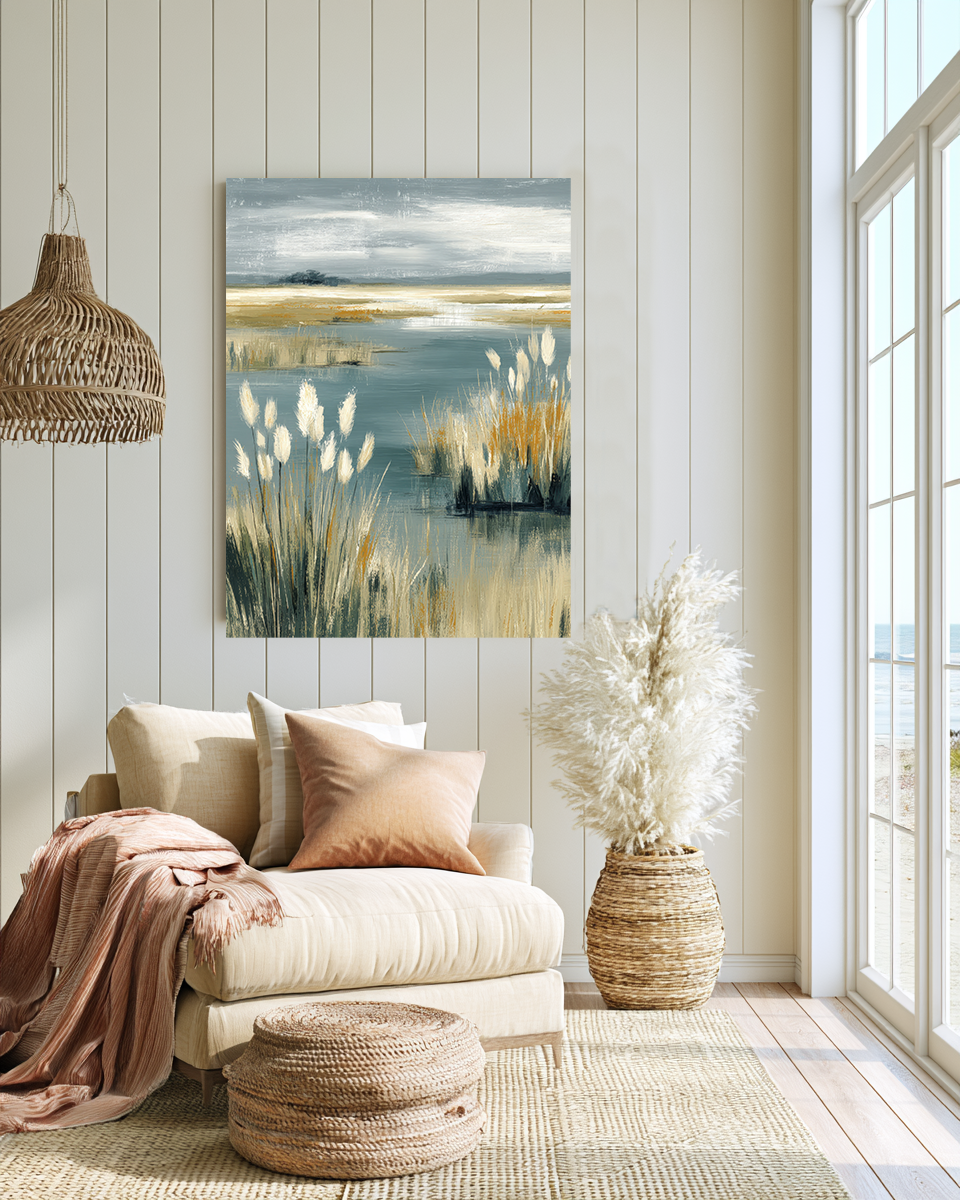 Drift & Tide II lifestyle mockup – framed coastal print in a styled interior