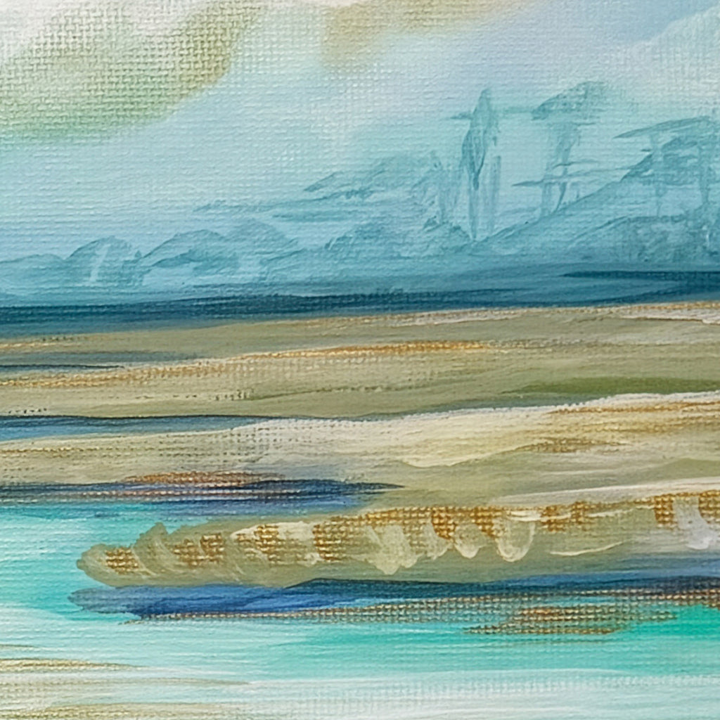 Abstract painting with horizontal brush strokes in blue, green, and beige.
