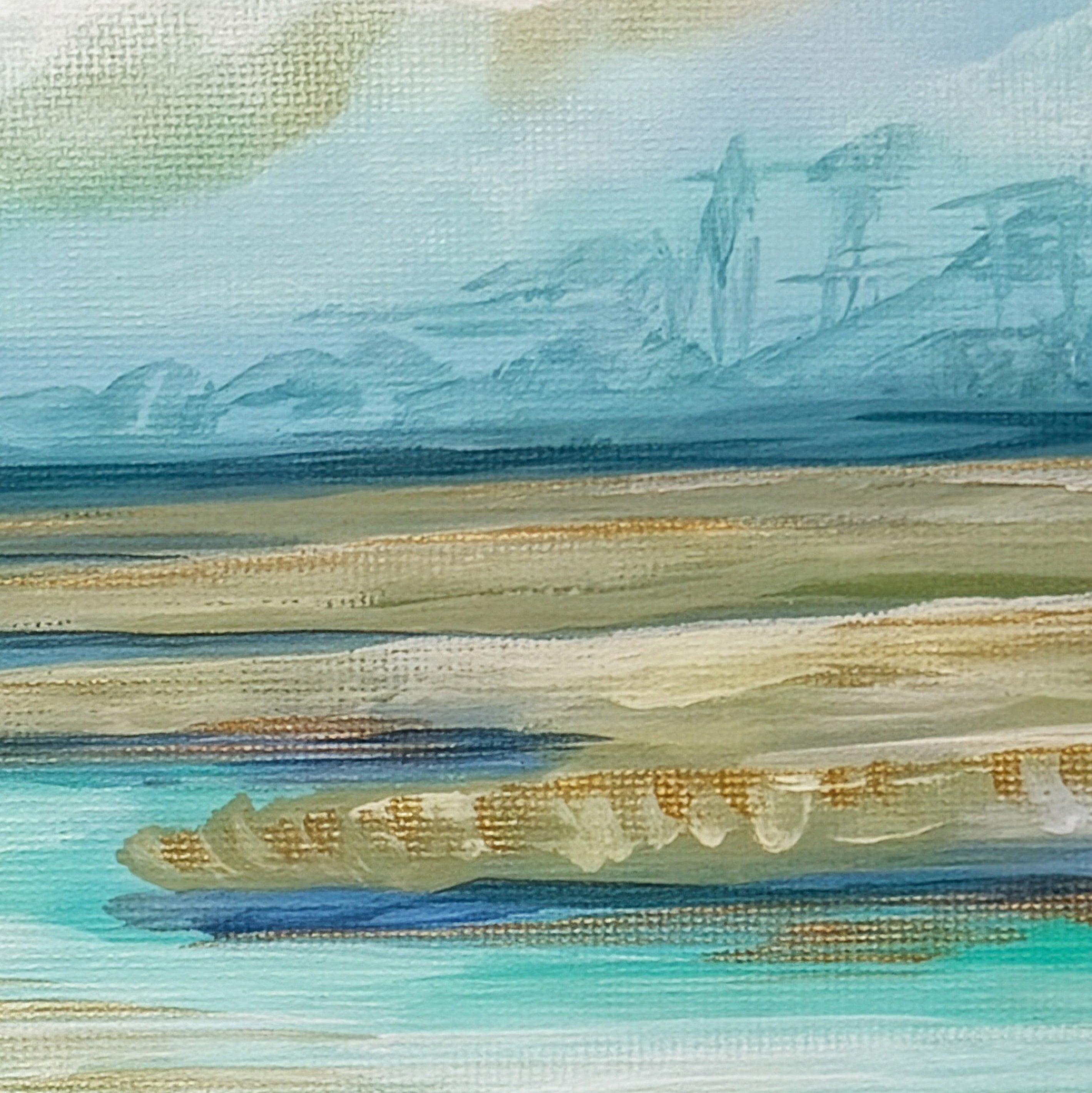 Abstract painting with horizontal brush strokes in blue, green, and beige.