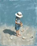 Painting of a child on a beach with shells and a blue background