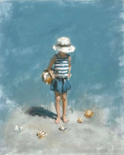 Painting of a child in a striped dress and hat standing on a beach with shells.