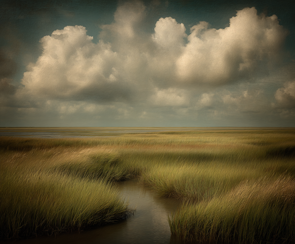 Marsh landscape with tall grass and a cloudy sky