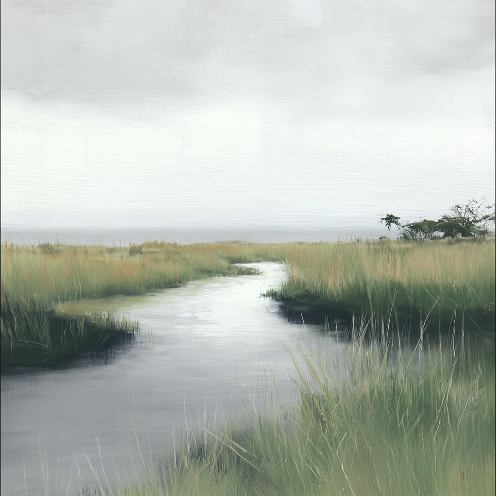 Marshland with water and grass under a cloudy sky