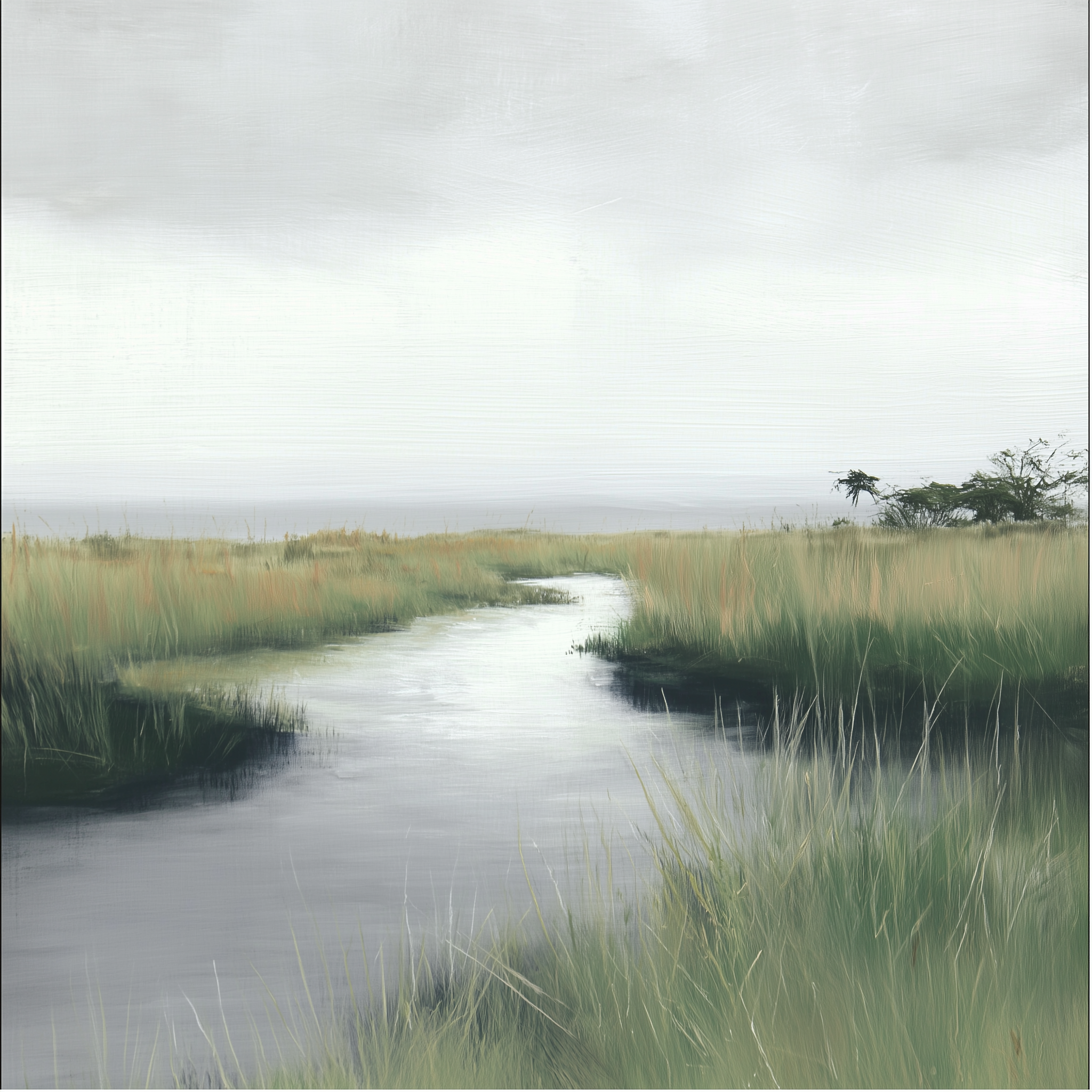 Marshland with water and grass under a cloudy sky