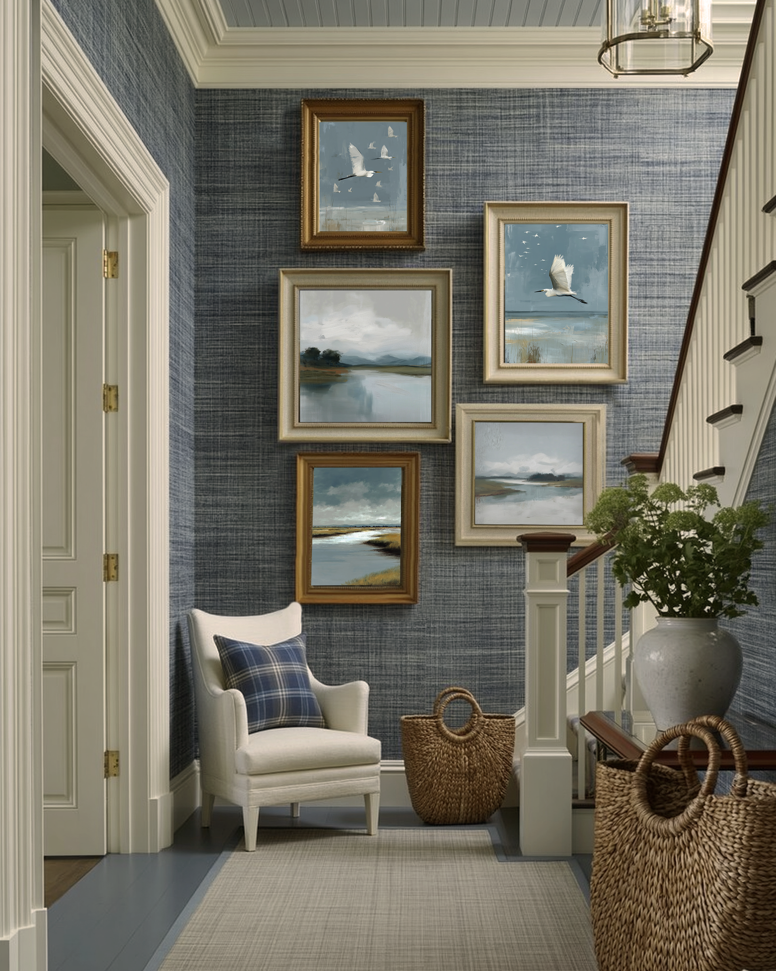 Tidemark Salt & Silence collection wall – estuary and coastal prints displayed as a gallery wall