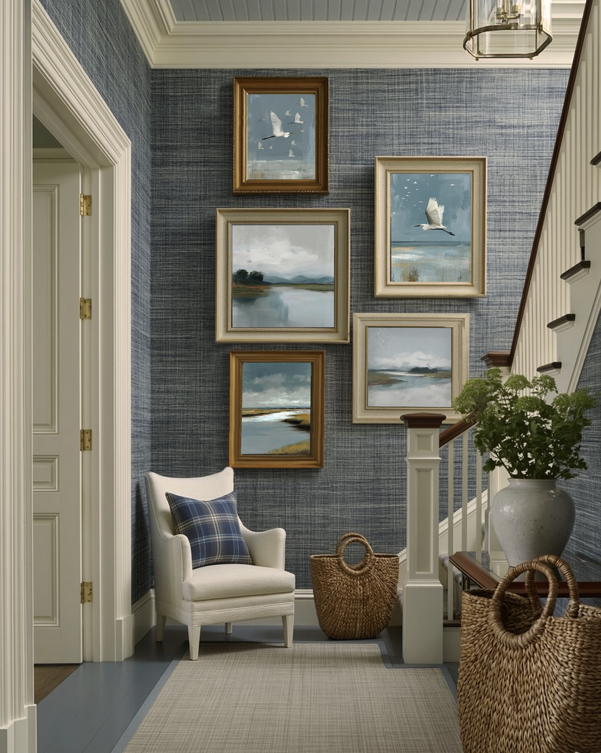 Tidemark Salt & Silence collection wall – estuary and coastal prints displayed as a gallery wall