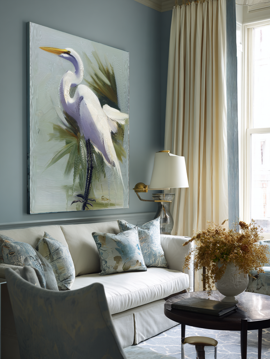Living room with a large painting of an egret on the wall, a lamp, and a vase with flowers on a table.