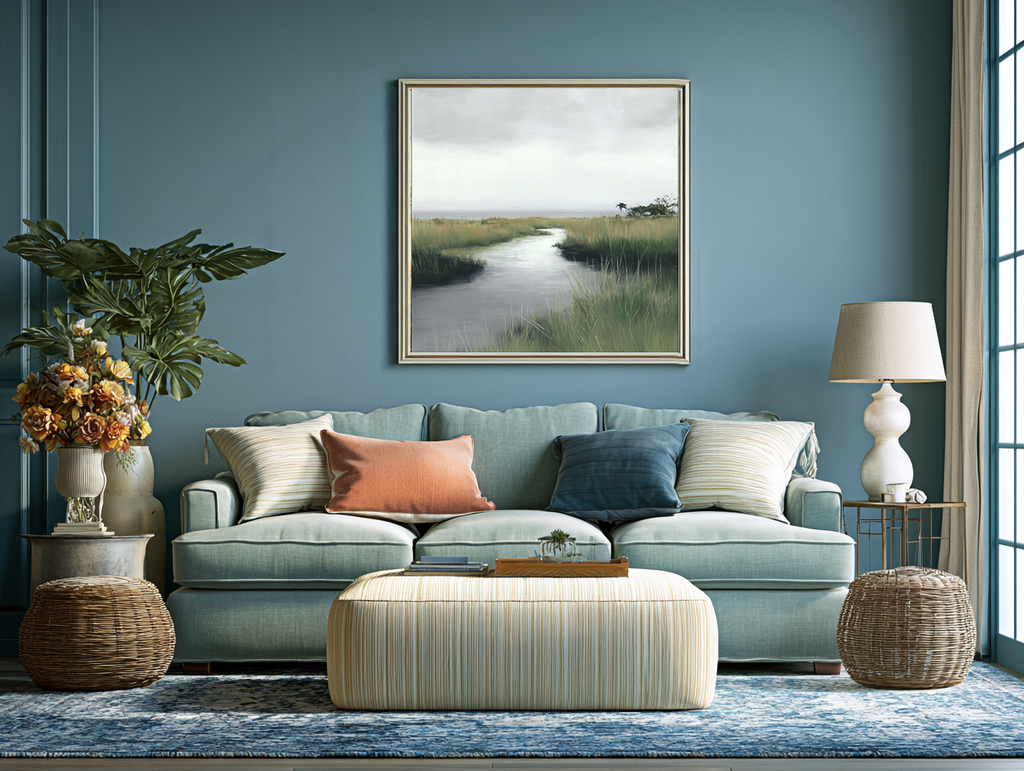 Living room with a light blue sofa, ottoman, and decorative items against a blue wall.