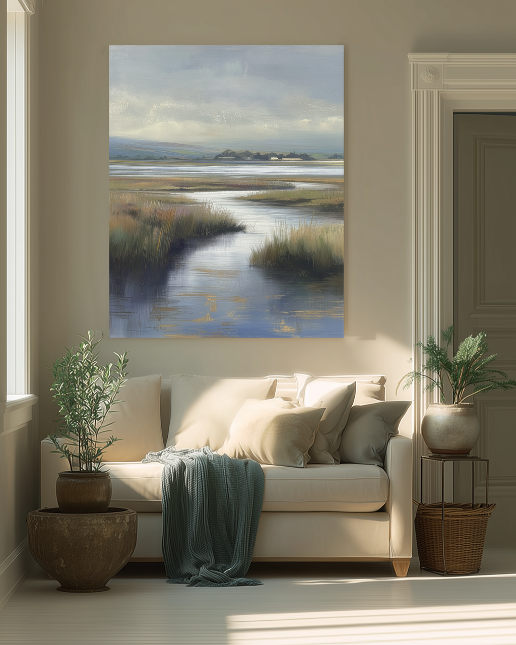Living room with a beige sofa, decorative plants, and a large painting of a marsh landscape on the wall.