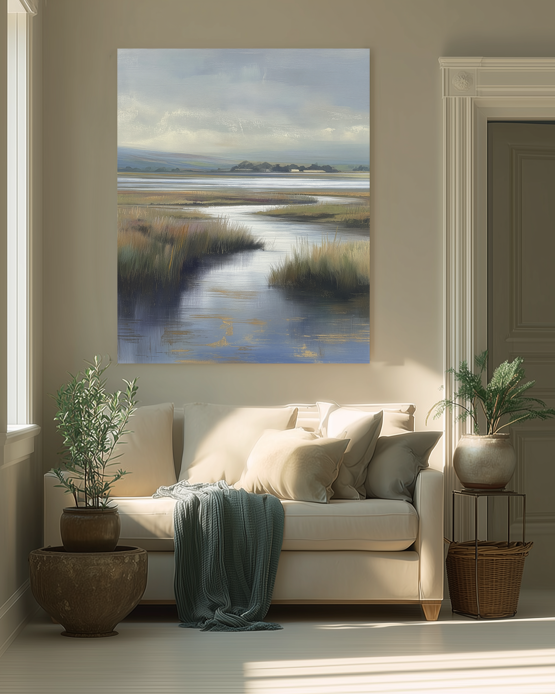 Living room with a beige sofa, decorative plants, and a large painting of a marsh landscape on the wall.