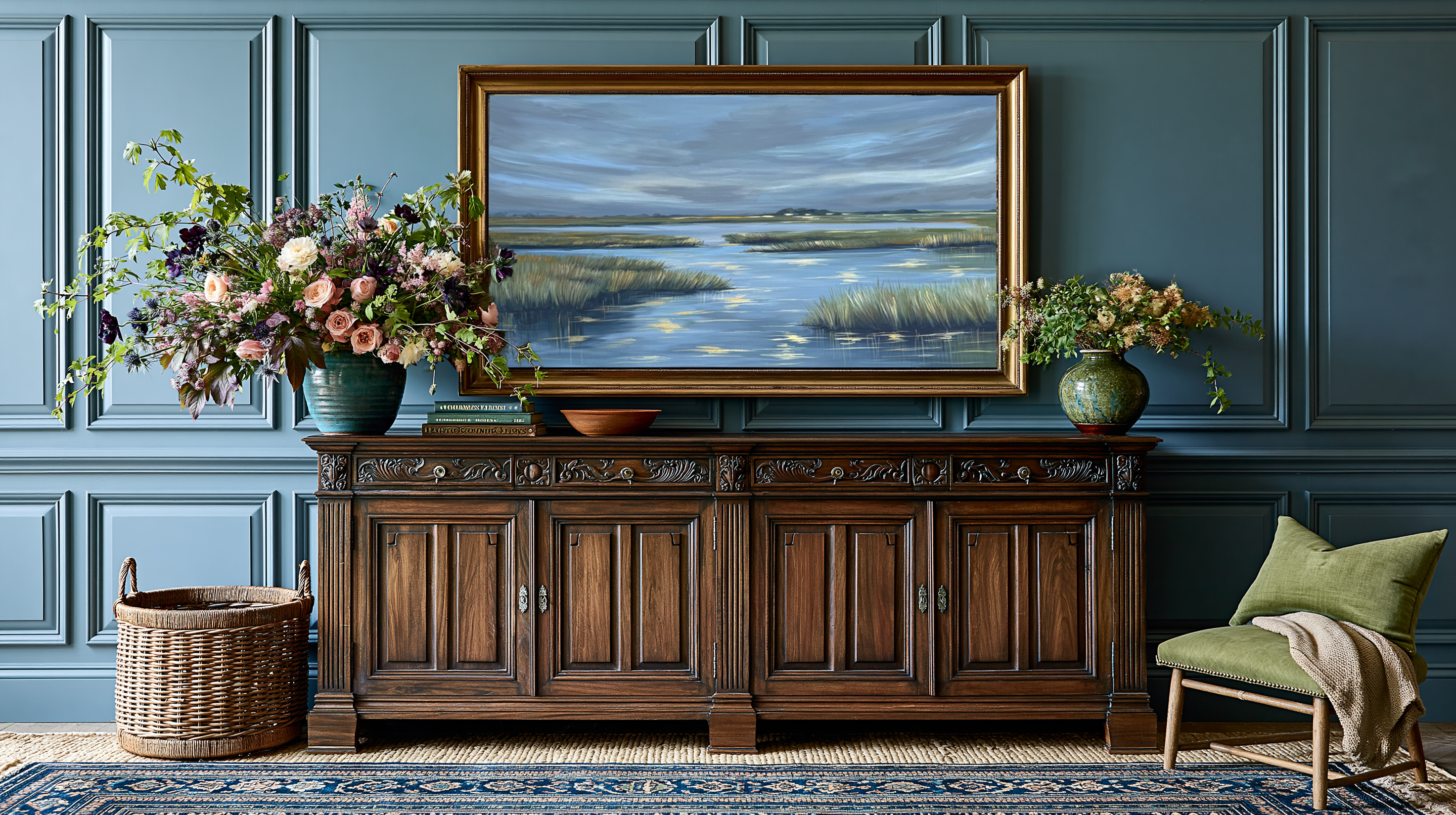 Blue Horizon Marsh lifestyle mockup 2 – framed landscape print in a styled interior