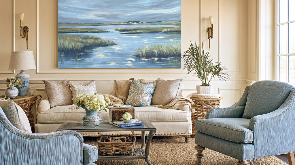 Blue Horizon Marsh lifestyle mockup – framed blue marsh print in a styled living room
