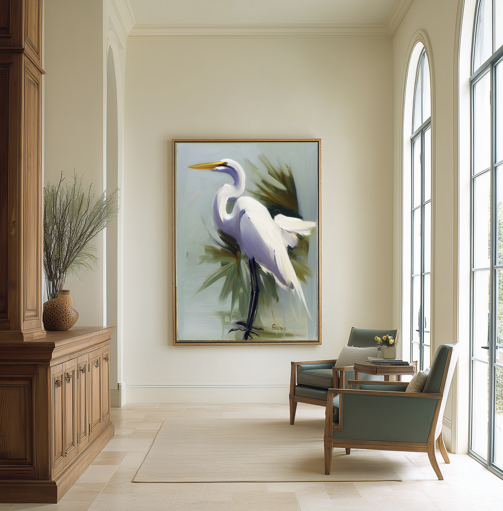 Misted Egret blue-white heron mockup – framed egret print displayed in a styled interior