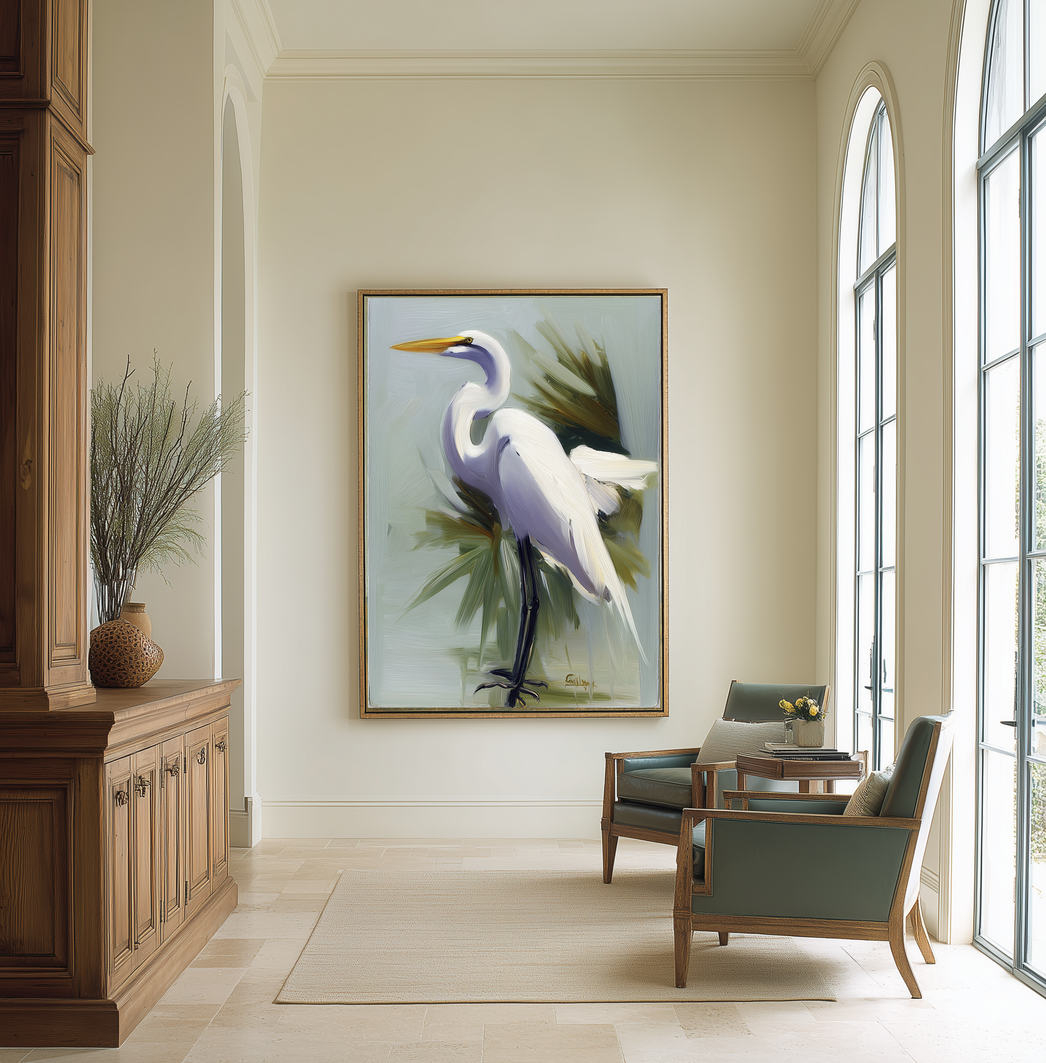 Misted Egret blue-white heron mockup – framed egret print displayed in a styled interior