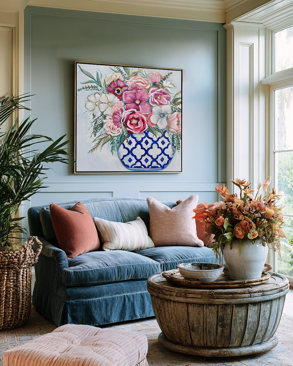 Living room with blue sofa, floral artwork, and decorative items.