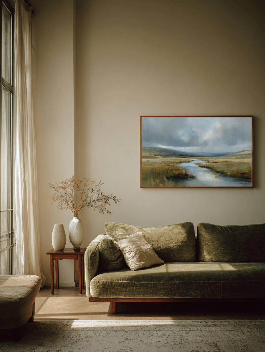 Living room with a green sofa, decorative pillows, and a painting of a landscape on the wall.
