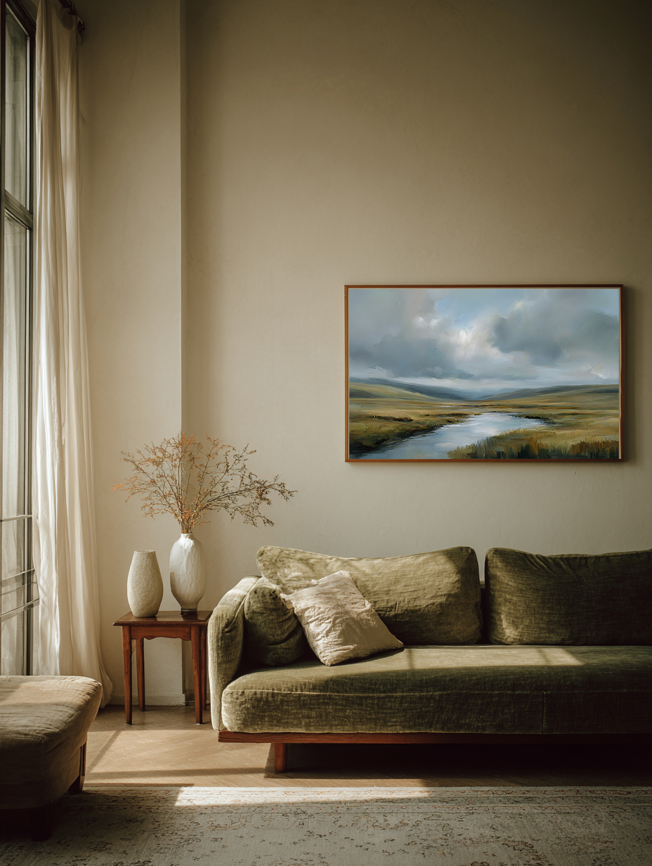 Living room with a green sofa, side table, and painting of a landscape on the wall.
