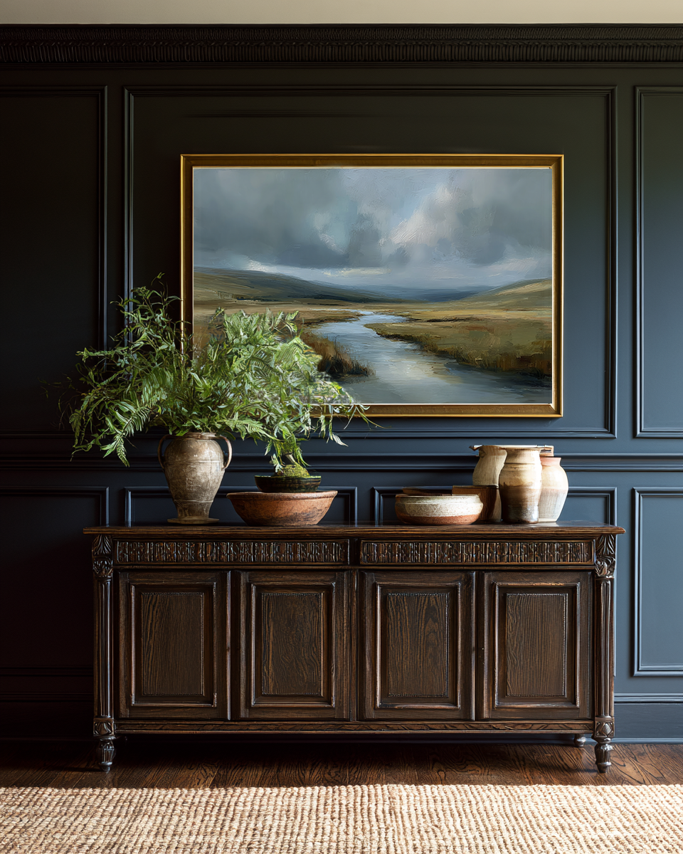 Decorative setting with a painting, plants, and a wooden cabinet against a dark paneled wall.