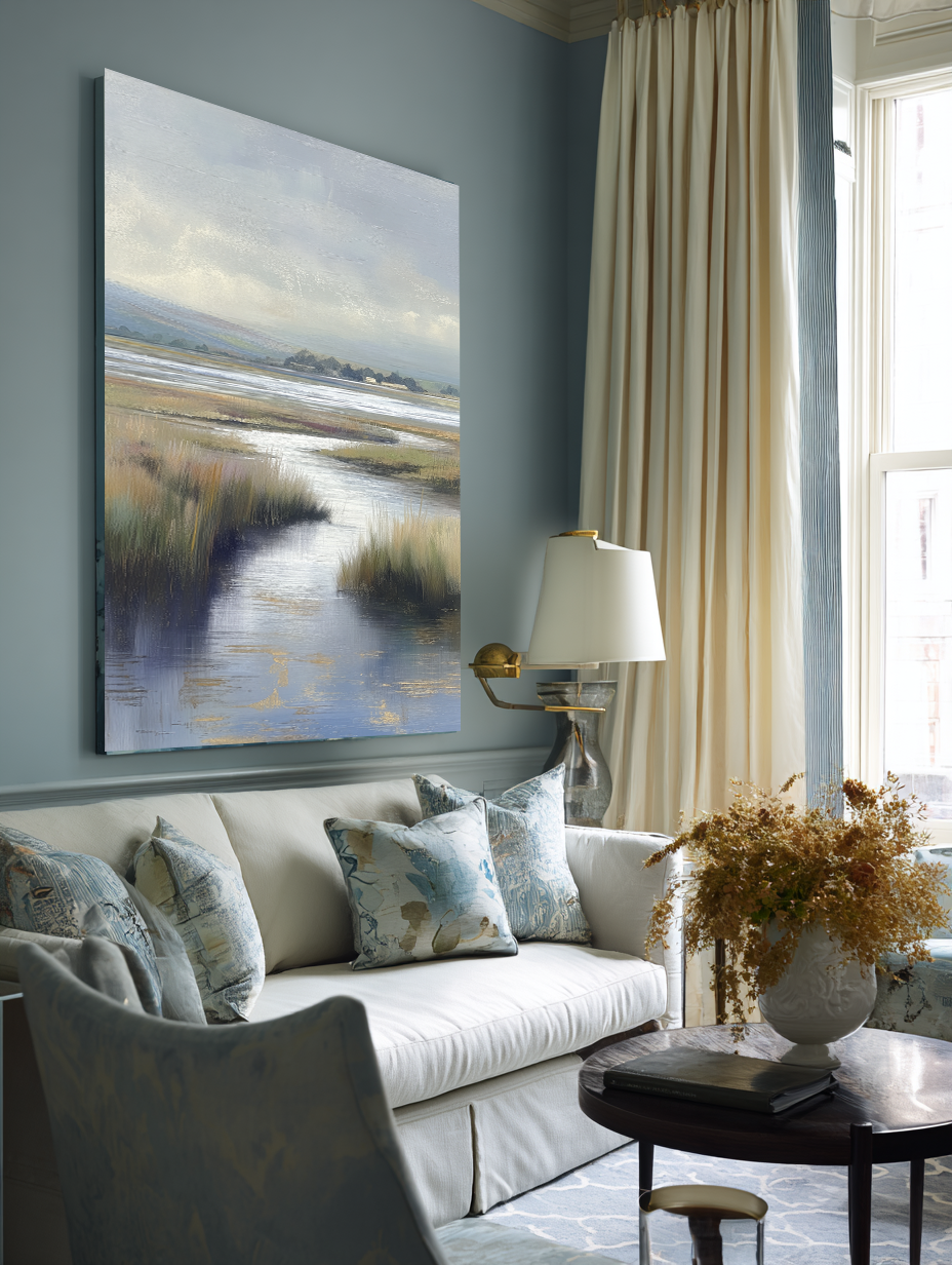 Living room with a large painting of a landscape on the wall, a sofa with decorative pillows, and a lamp.