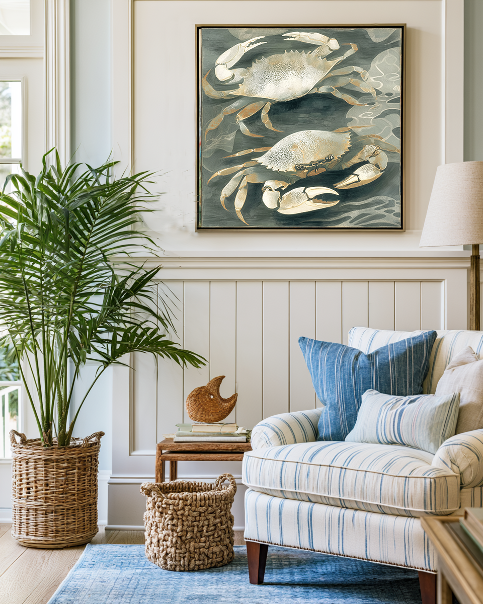 Living room with a striped sofa, decorative pillows, and a crab painting on the wall.