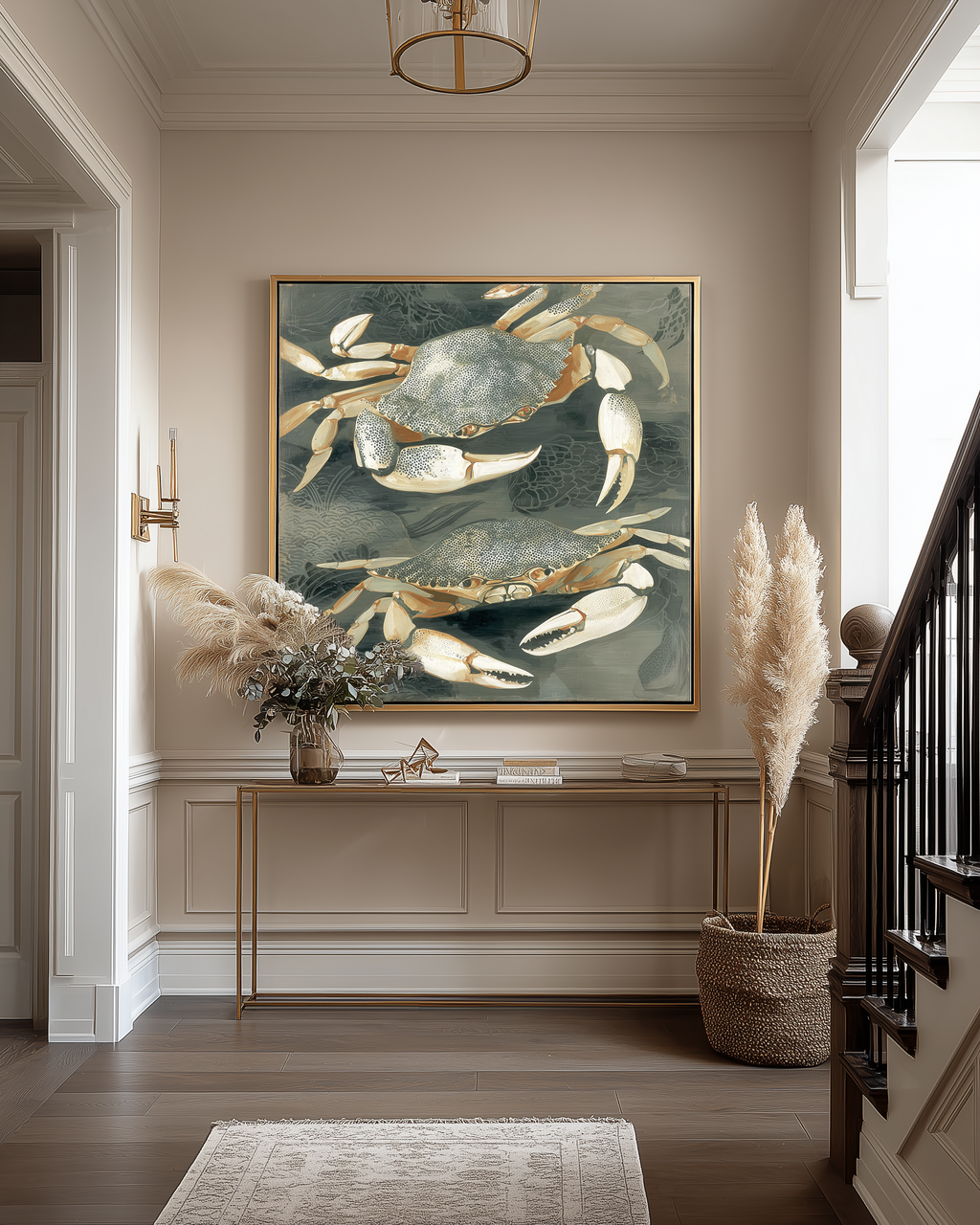 Decorative interior with a large framed artwork of crabs on a wall, a console table with a vase, and a staircase.