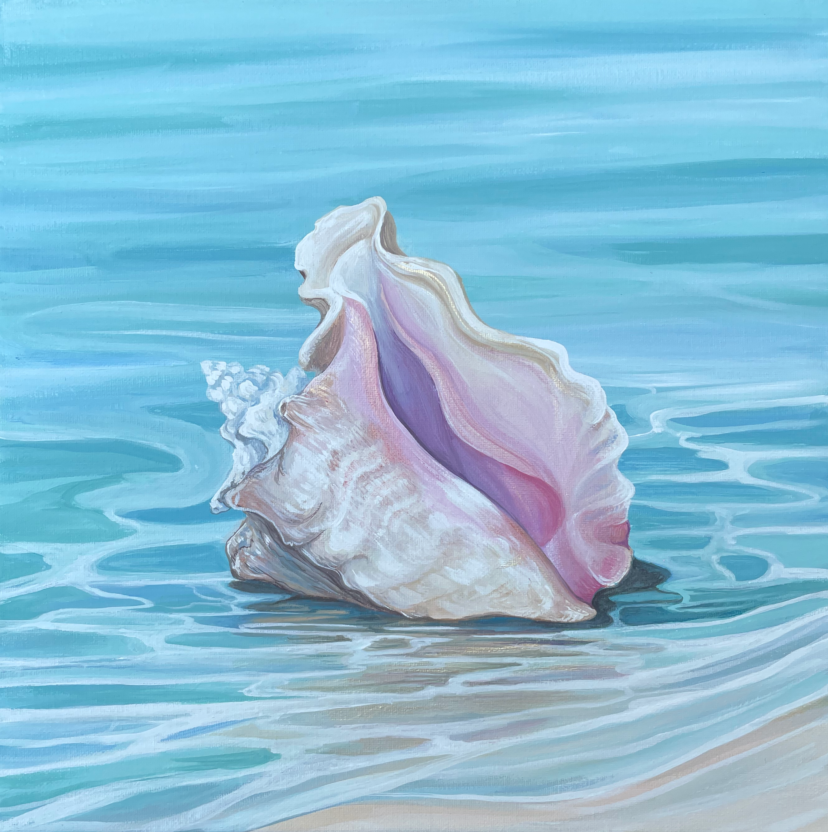Painting of a seashell on water with a blue and green gradient background